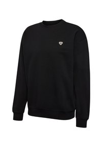 Felpa nera a girocollo con maniche lunghe e un piccolo logo bianco a forma di ape sul lato sinistro del petto, polsini e orlo a coste.