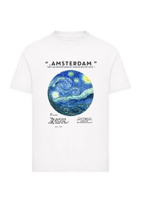White cotton t-shirt featuring a circular van Gogh artwork in blue and yellow, with text quotes above and below. Simple crew neck design.