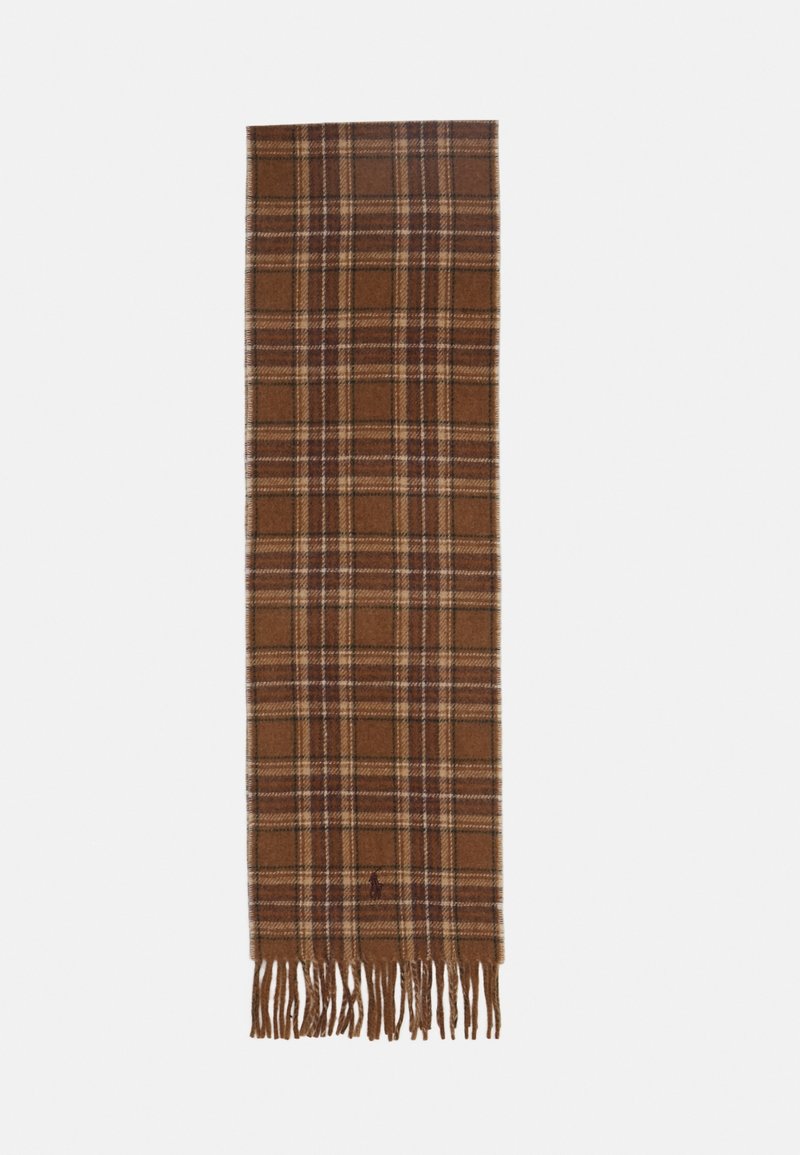 Écharpe en laine marron avec un motif à carreaux beige et marron foncé, présentant des extrémités à franges et un petit logo brodé près d'un bord.