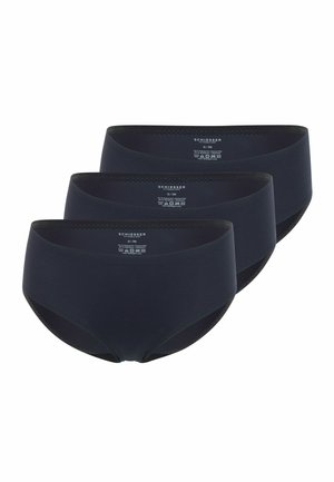 Dreierpack navyblaue Slips aus glattem Stoff mit einem weichen Bund und gewelltem Saum. Ein Etikett auf der Rückseite liefert Pflegehinweise.