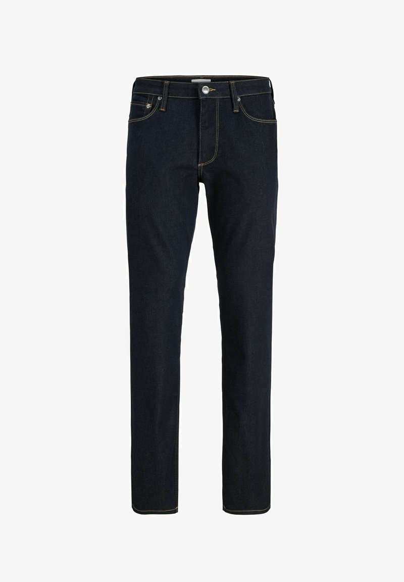 Jeans bleu foncé coupe droite avec fermeture par bouton et zip, poches avant et arrière, coutures contrastées visibles.