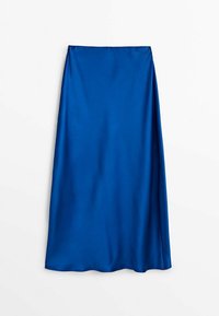 Sininen satiini pitkä hame, jossa on sileä pinta, suora leikkaus ja kevyt laskostus liukkaaseen liikkeeseen. Ei näkyviä kiinnityksiä.