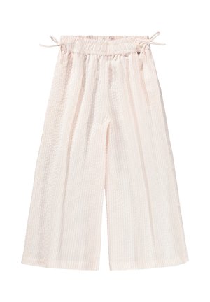 Lichtroze wijde broek met elastische tailleband en zijstrikken, gestructureerde stof, losse pasvorm, enkellengte.