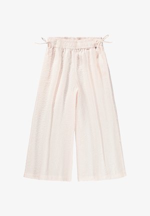 Pantaloni rosa chiaro a gamba larga con vita elastica e fiocchi laterali, tessuto strutturato, vestibilità comoda, lunghezza alla caviglia.