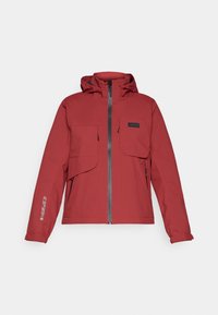 Red waterproof jacket featuring a zip closure, adjustable hood, two front pockets, and a logo detail on the left sleeve. Smooth texture.