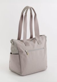 Gray tote bag with a light gray bottom and front zip pocket. Features two fabric handles and a side pocket for additional storage.