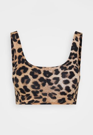 Leopard print crop top with wide straps, featuring a textured gold-brown base and black spots, smooth finish, and square neckline.