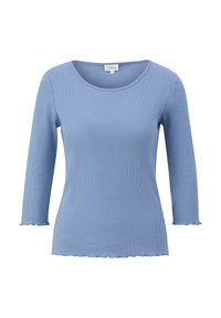 Blauwe geribbelde langemouwen top met een ronde halslijn en golvende randen bij de mouwen en de zoom, gemaakt van een zachte, rekbare stof.