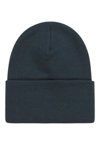 Beanie lavorato a maglia in teal scuro, con risvolto, texture liscia e parte superiore arrotondata. Realizzato in tessuto flessibile e caldo.