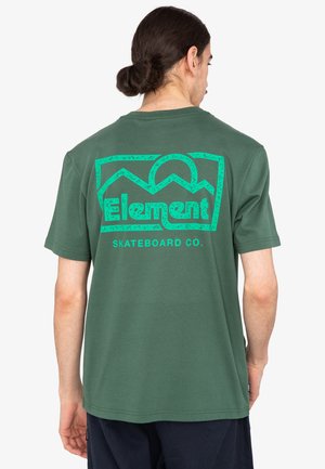 Green cotton t-shirt featuring a large teal graphic with mountains and sun on the back, branded "Element Skateboard Co." in bold letters.