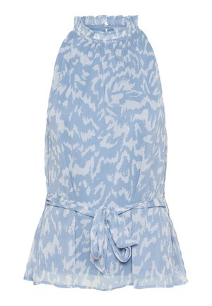 Abito senza maniche azzurro chiaro con motivi astratti azzurri e bianchi, scollo arricciato e dettaglio con fiocco in vita. Orlo svasato.