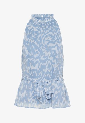 Abito senza maniche azzurro chiaro con motivi astratti azzurri e bianchi, scollo arricciato e dettaglio con fiocco in vita. Orlo svasato.