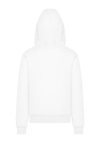 White hooded sweatshirt with long sleeves, ribbed cuffs and hem. Smooth texture, simple design, no additional patterns or hardware visible.