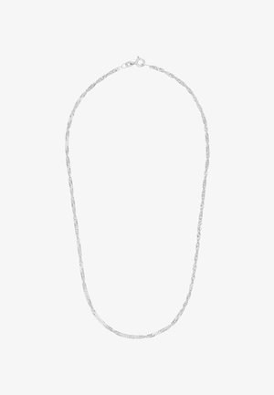 Silberne Kettenhalskette mit ineinander verwobenen Gliedern, ausgestattet mit einer glatten Oberfläche und einem Karabinerverschluss. Das Design ist schlank und elegant.