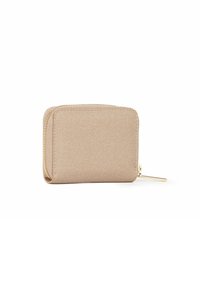 Beige, textuur portefeuille met een gouden rits. Rechthoekige vorm, met een gladde afwerking en subtiele stiksels op het oppervlak.
