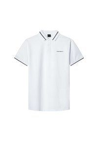 Valkoinen polo-paita, jossa musta kaulus ja hihansuut. Vasemmassa rinnassa on brodeerattu "HACKETT"-logo. Valmistettu sileästä kankaasta.