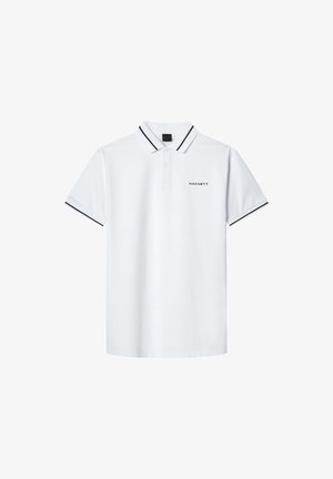 Bílá polo tričko s černým límečkem a pruhy na rukávech. Na levé straně hrudi má vyšívané logo 'HACKETT'. Vyrobeno z hladké tkaniny.
