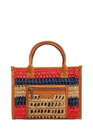 Pravokotna torbica z rdečimi, mornarsko modrimi in bež črtami, obroba iz rjavega usnja, ročaji in sprednji žep z zadrgo iz medenine.