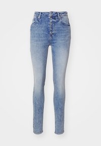 Högmidjade skinny jeans i ljust blå denim med femknappsförslutning, två framfickor och en blekt tvätt för en sliten effekt.