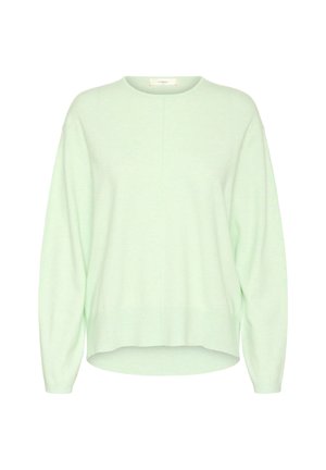 Svetlozelený sveter z mäkkého materiálu, s okrúhlym výstrihom, spustenými ramenami a voľným strihom so mierne zaobleným lemom.