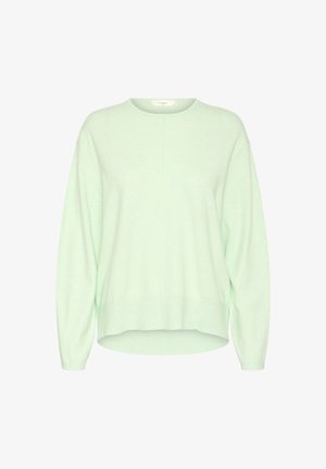 Világoszöld, puha anyagból készült pulóver, kerek nyakkivágással, leengedett vállrésszel és laza szabással, enyhén ívelt szegéllyel.