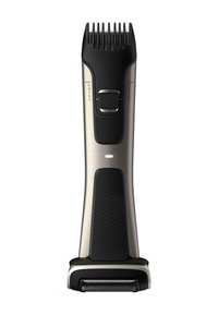 Tondeuse électrique avec un corps en acier inoxydable, une poignée en caoutchouc noir texturé, des réglages de longueur ajustables et un accessoire de rasoir intégré.