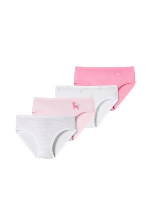 Fire par børnetrusser i pink og hvid, nogle med små print af enhjørninger og dyr, arrangeret overlappende på en hvid baggrund.