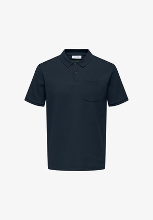 Navyblaue Poloshirt mit strukturiertem Muster, kurzen Ärmeln, Kragen und Brusttasche. Mit Knopfverschluss und schlichtem Saum.