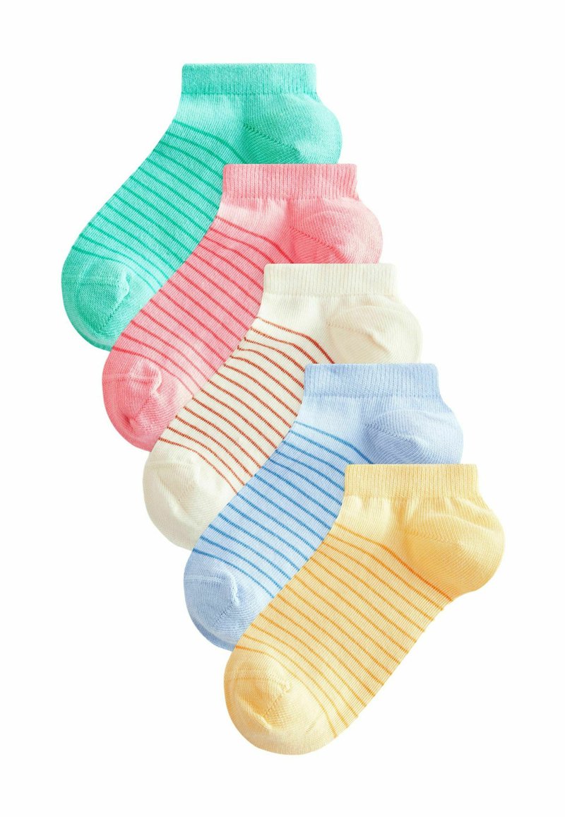 Zestaw pięciu par bawełnianych skarpetek w pastelowych kolorach: miętowa zieleń, różowa w czerwone paski, kremowa w pomarańczowe paski, jasnoniebieska oraz żółta w pomarańczowe paski.