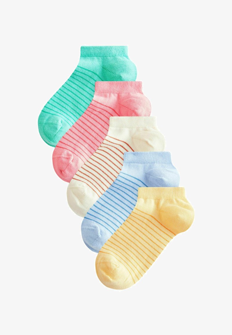 Zestaw pięciu par bawełnianych skarpetek w pastelowych kolorach: miętowa zieleń, różowa w czerwone paski, kremowa w pomarańczowe paski, jasnoniebieska oraz żółta w pomarańczowe paski.