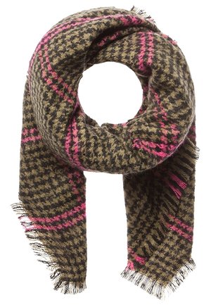 Écharpe en laine marron et noire à motif pied-de-poule avec des rayures à carreaux roses, bords frangés, enroulée en boucle.