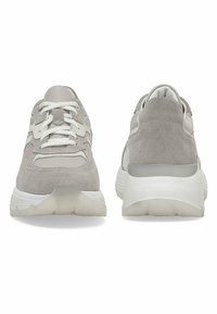 Gray athletic sneakers made of suede and mesh, featuring a cushioned white sole and white laces, with a minimalist design and soft texture.