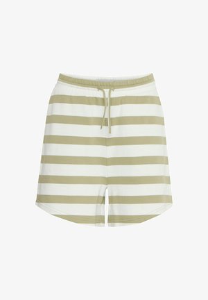 Pantalončke s črtami iz nežnega bombaža, ki imajo izmenične svetlo zelene in bele črte, elastični pas z vrvico in stranske razpoke.