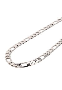 Sølv metal kæderekæde med sammenflettede led, en poleret finish og et fladt, ovalt design med en glat overflade og reflekterende flader.