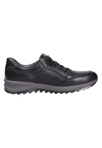 Schwarze Leder-Laufschuhe mit strukturiertem Finish, Schnürdesign und flexiblem grauem Gummisohle mit einem Zickzackmuster für optimale Traktion.