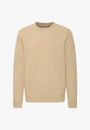 Beżowy sweatshirt z okrągłym dekoltem, długimi rękawami i wytłoczonym logo na piersi. Miękka tkanina o gładkiej strukturze i ściągaczami na rękawach.