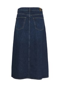 Sötétkék farmer szoknya, térdhez érő A-vonalú szabással, hátsó zsebekkel és márkás derék címkével. Nehéz súlyú anyag, látható varrásokkal.