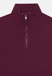 Pullover in pile bordeaux con colletto alto, chiusura frontale a mezza zip e logo in rilievo discreto sul petto. Texture morbida e finitura liscia.