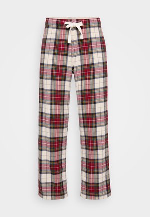 Pantalones de pijama de cuadros en crema, rojo y azul marino, con una cinturilla elástica y un cordón blanco, además de piernas rectas. Textura de tela suave.