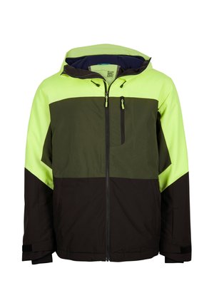 Veste d'extérieur pour homme avec des blocs de couleurs jaune néon, vert olive et noir, fermeture éclair avant, poche poitrine et capuche réglable.