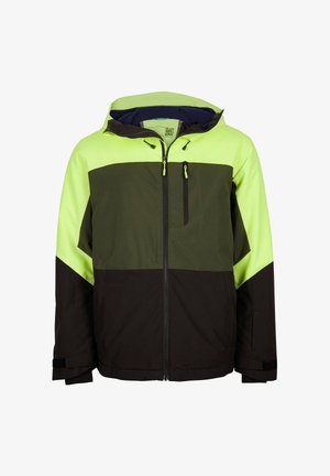 Veste d'extérieur pour homme avec des blocs de couleurs jaune néon, vert olive et noir, fermeture éclair avant, poche poitrine et capuche réglable.