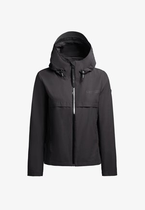 Crna vodootporna jakna s kapuljačom, prednjim patentnim zatvaračem i podesivim špagama. Ima džep na prsima i gladak, mat izgled.