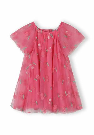 Różowa przezroczysta sukienka z krótkim rękawem, z haftem wiśni i okrągłym dekoltem, zaprojektowana dla małych dzieci.
