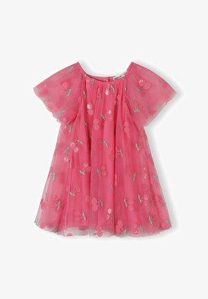 Robe courte rose transparente à manches courtes avec broderie de cerises et encolure ronde, conçue pour les jeunes enfants.