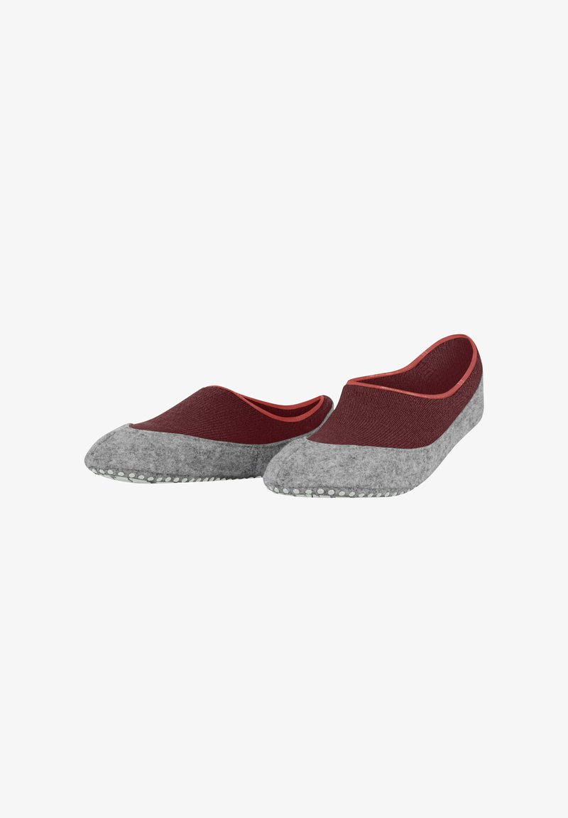 Gray felt slippers with a maroon fabric upper, featuring a rounded toe, elasticized openings, and a textured rubber sole for grip.