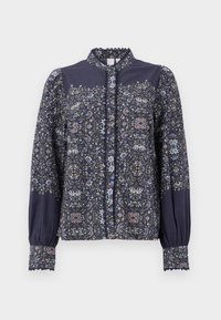Long-sleeve button-up blouse with dark floral pattern, solid navy yoke and sleeves, high collar, and lace trim on cuffs and neckline.