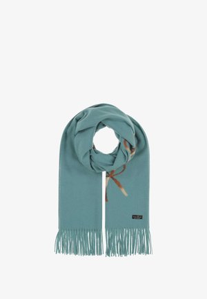 Sciarpa turchese realizzata in un tessuto morbido, con un motivo a nastro marrone e estremità frangiate. Il design è annodato al centro per la mise in mostra.