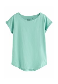Svetlo mätová T-shirt s okrúhlym výstrihom, krátkymi rukávmi a zakriveným lemom. Vyrobená z mäkkej, priedušnej bavlny.