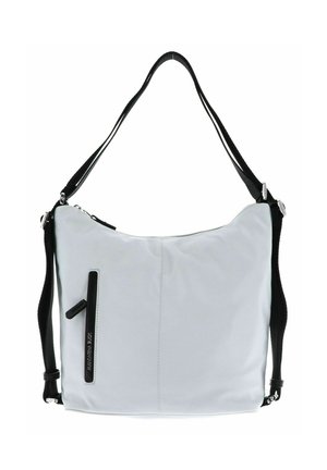 Borsa a spalla sintetica bianca con una superficie liscia, dettagli neri e una tasca frontale con zip. Presenta spallacci neri regolabili.