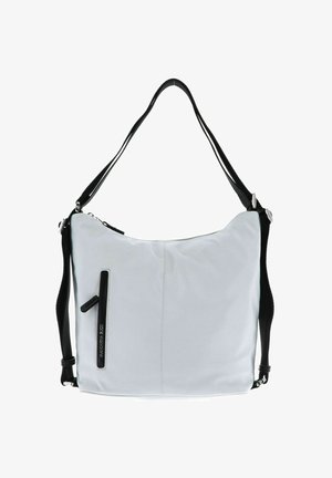 Borsa a spalla sintetica bianca con una superficie liscia, dettagli neri e una tasca frontale con zip. Presenta spallacci neri regolabili.